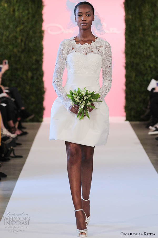 oscar de la renta bridal 2015 white silk faille short wedding dress long sleeve catherine