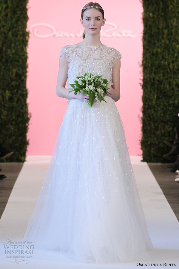 oscar de la renta bridal 2015 white tulle a line cap sleeves wedding dress chelsea