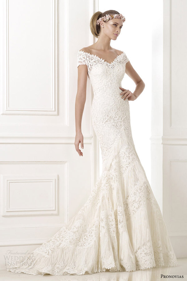 pronovias 2015 atelier kaira guipur lace wedding dress off shoulder sleeves