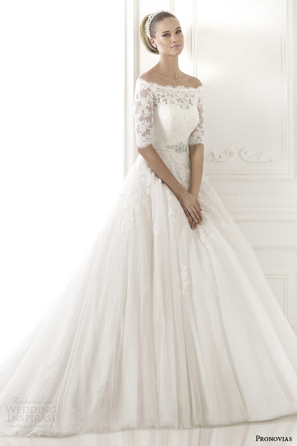 pronovias 2015 best wedding dress elbow length off shoulder sleeves