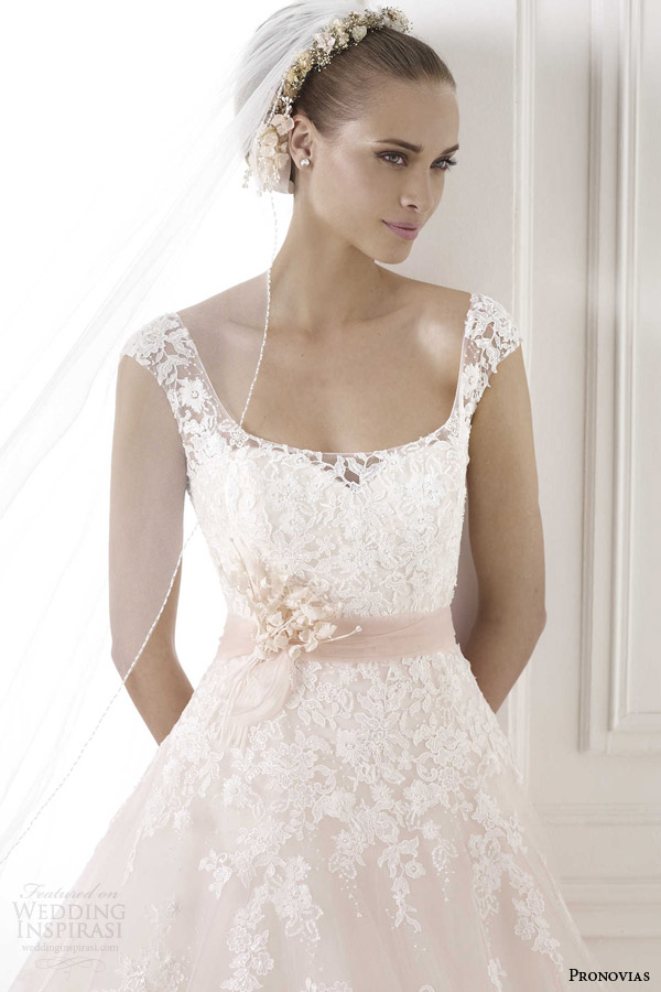pronovias 2015 bia sleeveless blush wedding dress illusion straps close up