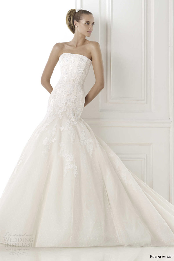 pronovias 2015 bilyana strapless mermaid wedding dress dotted tulle