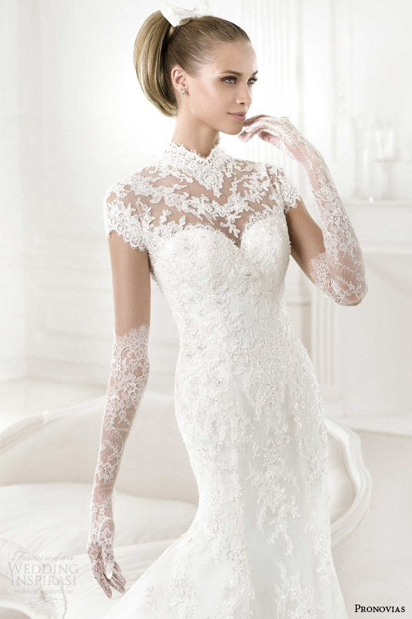 pronovias 2015 pre babet wedding dress short sleeve turtle neck lace top gloves