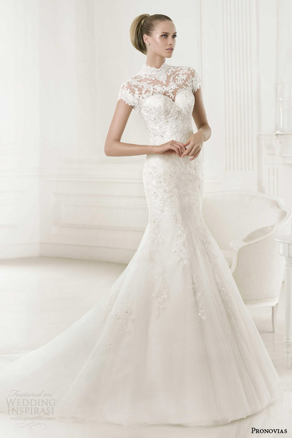 pronovias 2015 pre babet wedding dress short sleeve turtle neck lace top