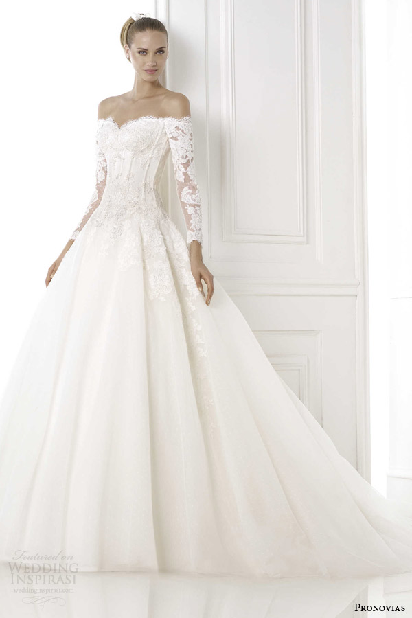 pronovias pre 2015 bespin ball gown wedding dress off shoulder long sleeves