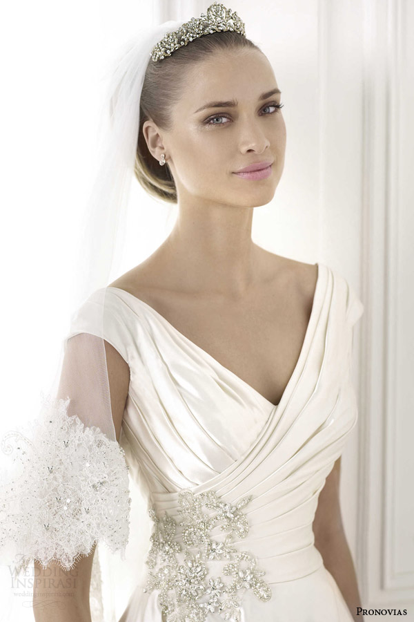 pronovias wedding dress 2015 blithe cap sleeve taffeta ball gown pockets close up