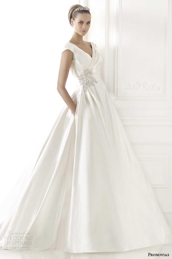 pronovias wedding dress 2015 blithe cap sleeve taffeta ball gown pockets