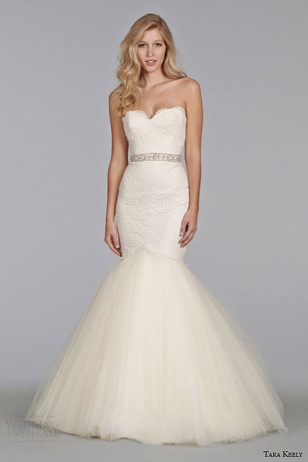 tara keely bridal spring 2014 alencon lace fit flare strapless wedding dress beaded belt style 2404