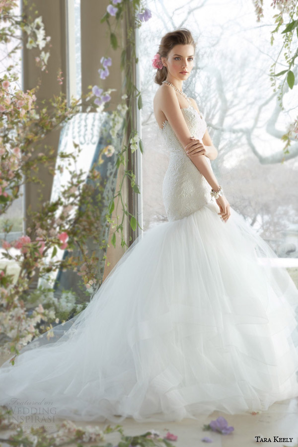 tara keely spring 2014 bridal strapless fit and flare wedding dress tiered tulle skirt horsehair 2400