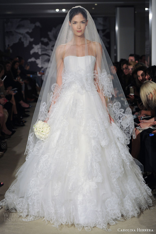 carolina herrera bridal spring 2015 catarina strapless wedding dress matching veil