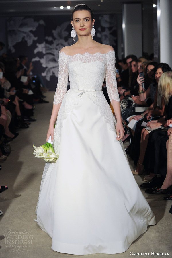 carolina herrera spring 2015 bridal carmen off the shoulder wedding dress sleeves