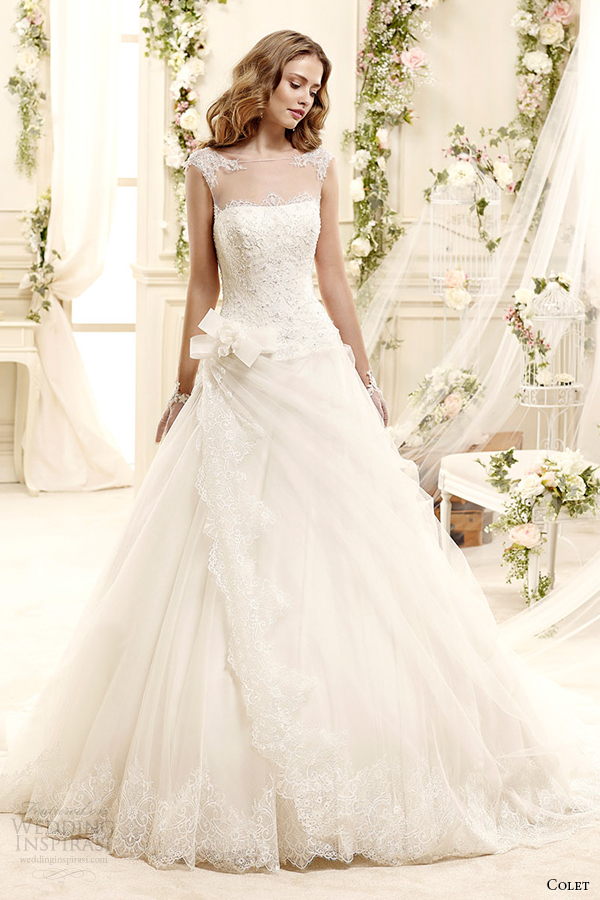 colet bridal 2015 style 12 coab15232iv illusion sheer neckline a line cap sleeve wedding dress