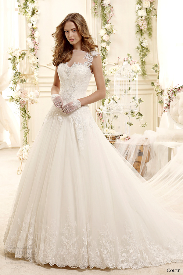 colet bridal 2015 style 18 coab15257iv sheer illusion neckline a line wedding dress cap sleeves