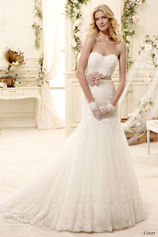colet bridal 2015 style 24 coab15304ivpk sweetheart strapless fit and flare trumpet wedding dress colored sash