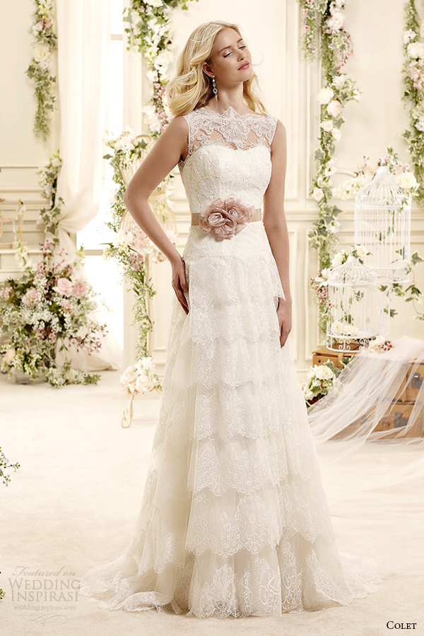 colet bridal 2015 style 25 coab15309ivpk sheer illusion neckline tiered a line wedding dress