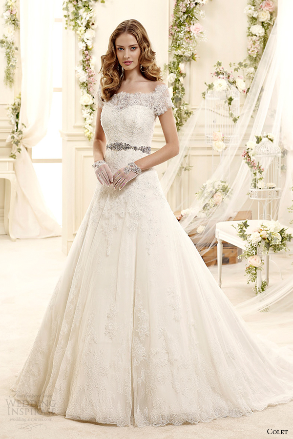 colet bridal 2015 style 28 coab15235iv off the shoulder short sleeves a line lace wedding dress