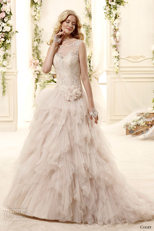 colet bridal 2015 style 29 coab15287ch sheer illusion neckline blush color a line wedding dress with cap sleeves