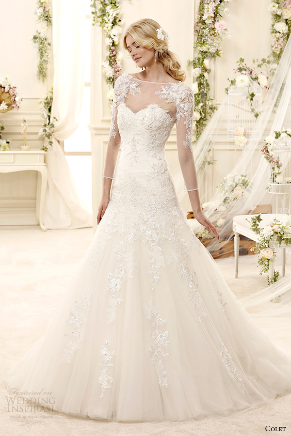 colet bridal 2015 style 38 coab15264iv illusion bateau boat neckline sweetheart sheer long sleeves a line wedding dress