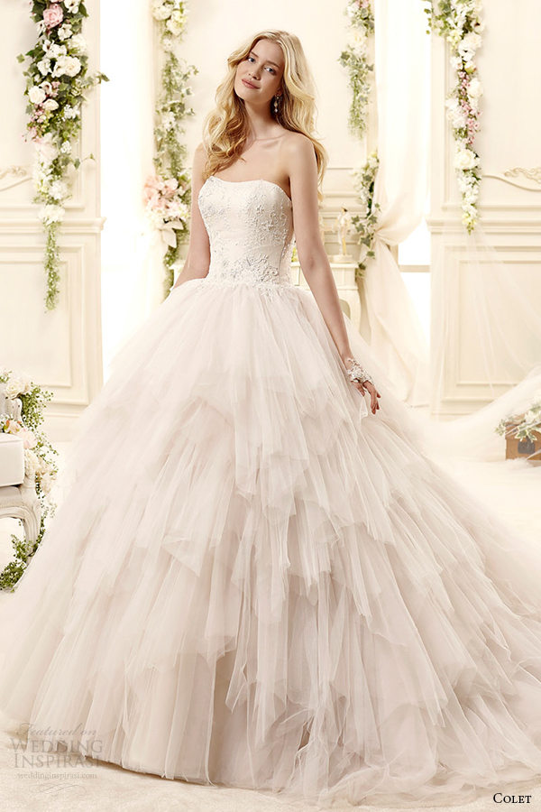 colet bridal 2015 style 50 coab15282ch strapless neckline handkerchief tiered ball gown wedding dress