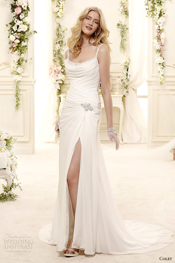 colet bridal 2015 style 52 coab15207iv spagetti strap sheath draped wedding dress slit