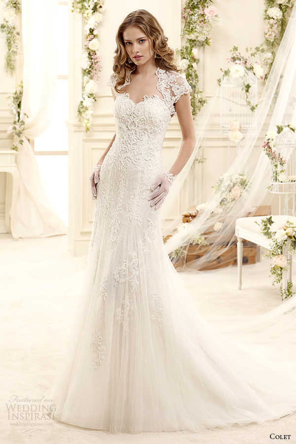 colet bridal 2015 style 54 coab15274iv short sleeves princess anne neckline sheath wedding dress