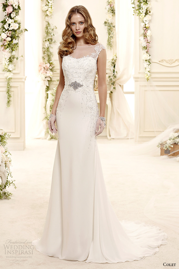 colet bridal 2015 style 58 coab15223iv illusion sheer neckline sheath wedding dress with capsleeves