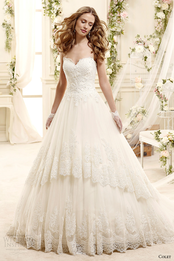 colet bridal 2015 style 60 coab15271iv strapless sweetheart neckline lace a line wedding dress scalloped tiered skirt