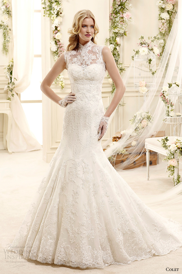 colet bridal 2015 style 62 coab15323iv illusion sheer high neckline sleeveless fit and flare wedding dress