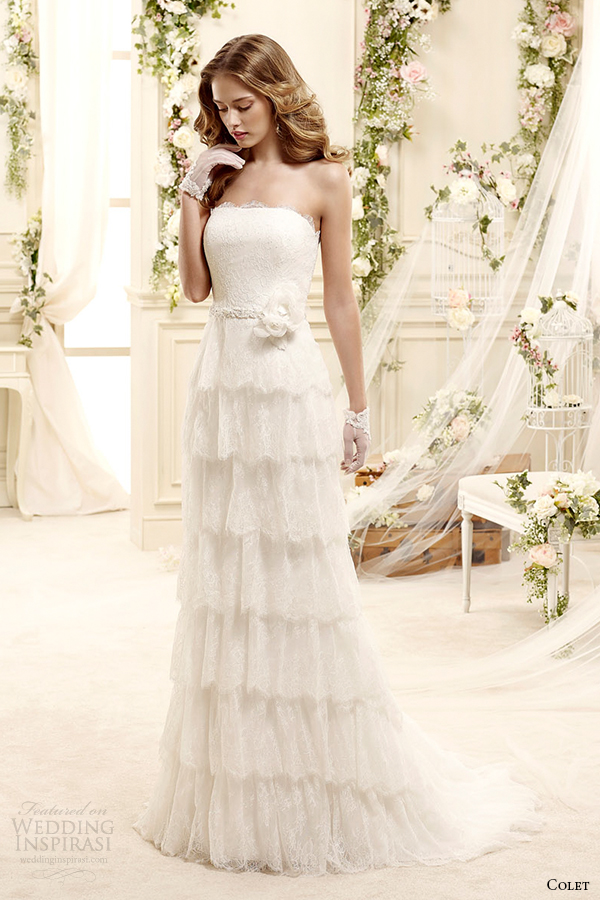 colet bridal 2015 style 66 coab15307iv straight across neckline tiered column wedding dress