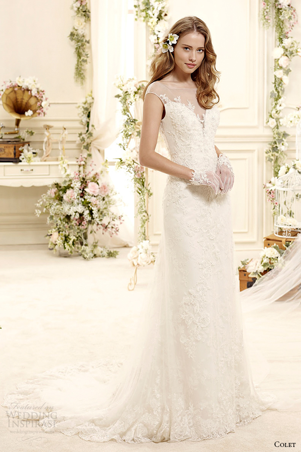colet bridal 2015 style 76 sheer neckline cap sleeves column wedding dress