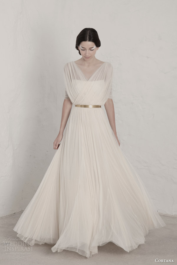 cortana 2015 bridal fortunata draped wedding dress surplice bodice gold belt