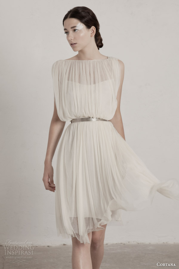 cortana bridal 2015 fortuny short wedding dress sheer draped overlay metallic belt