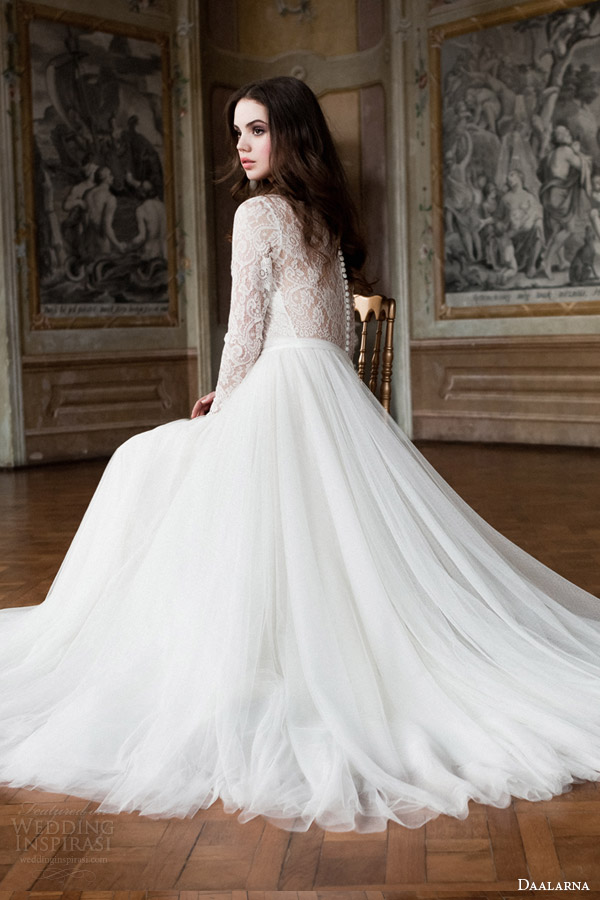 daalarna 2014 bridal long sleeve lace bodice wedding dress back view seated