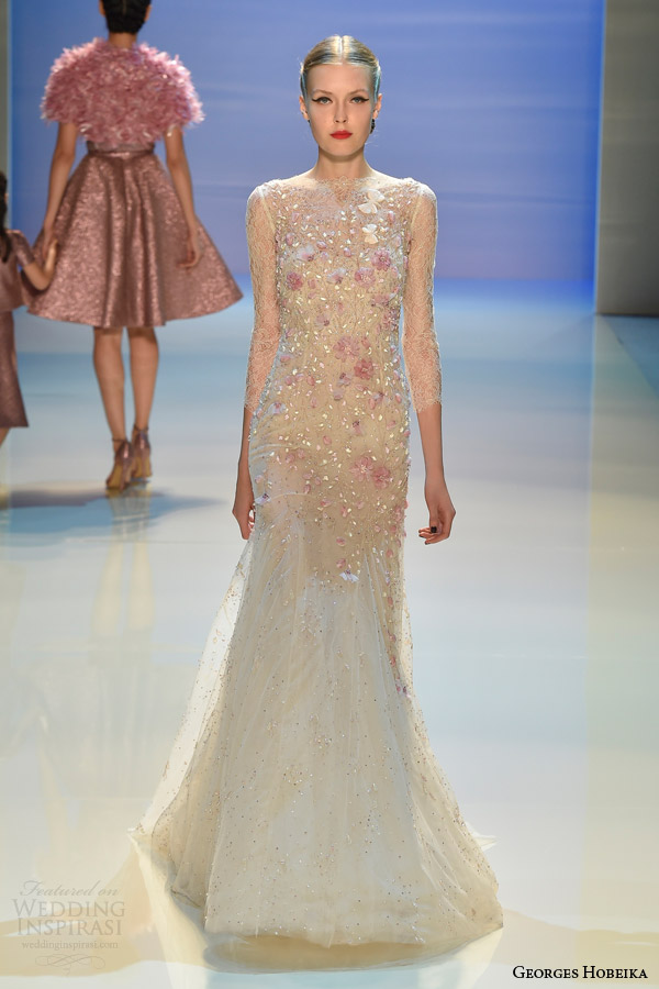georges hobeika couture fall 2014 2015 look 13 embellished sheath gown with sheer sleeves
