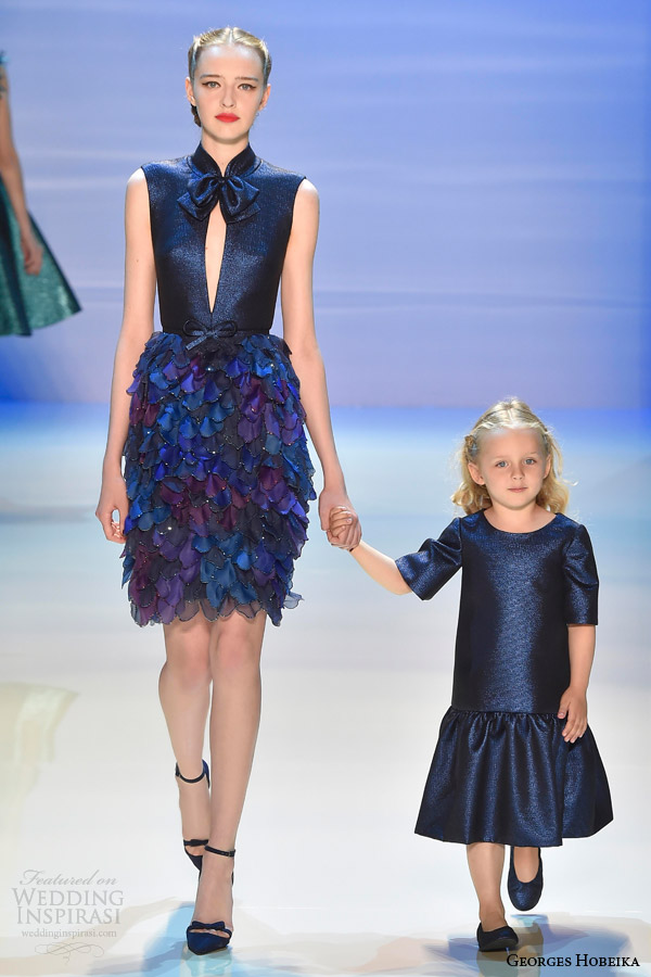 georges hobeika couture fall 2014 2015 look 3 sleeveless deep blue dress keyhole mandarin collar