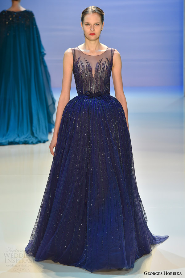 georges hobeika couture fall 2014 2015 sleeveless dark blue gown with illusion neckline