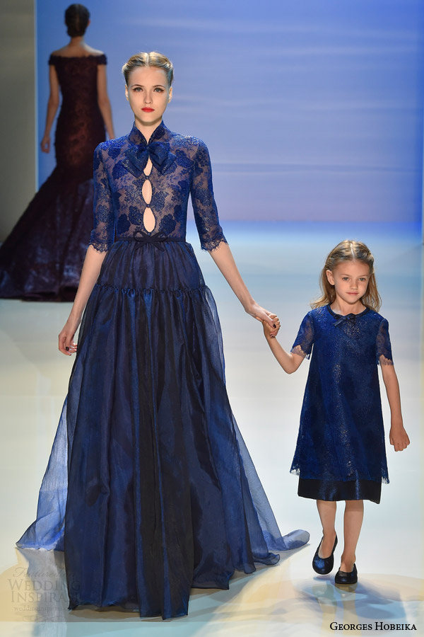 georges hobeika couture fall winter 2014 2015 look 21 deep lace blue gown with keyhole sleeves
