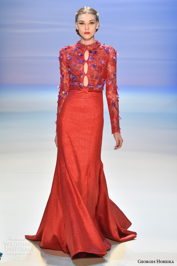georges hobeika couture fall winter 2014 2015 look 33 red gown long sleevesa multi keyhole