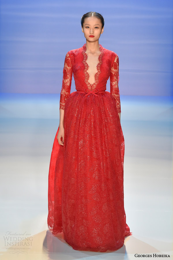 georges hobeika fall 2014 2015 couture red gown lace sleeves
