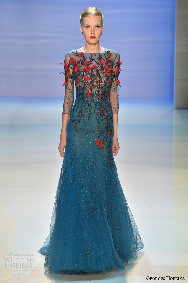 georges hobeika fall 2014 couture peacock blue red dress illusion sleeves