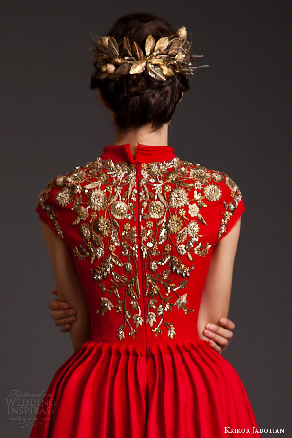 krikor jabotian couture spring 2014 akhtamar red mullet dress cap sleeves embroidery back view close up