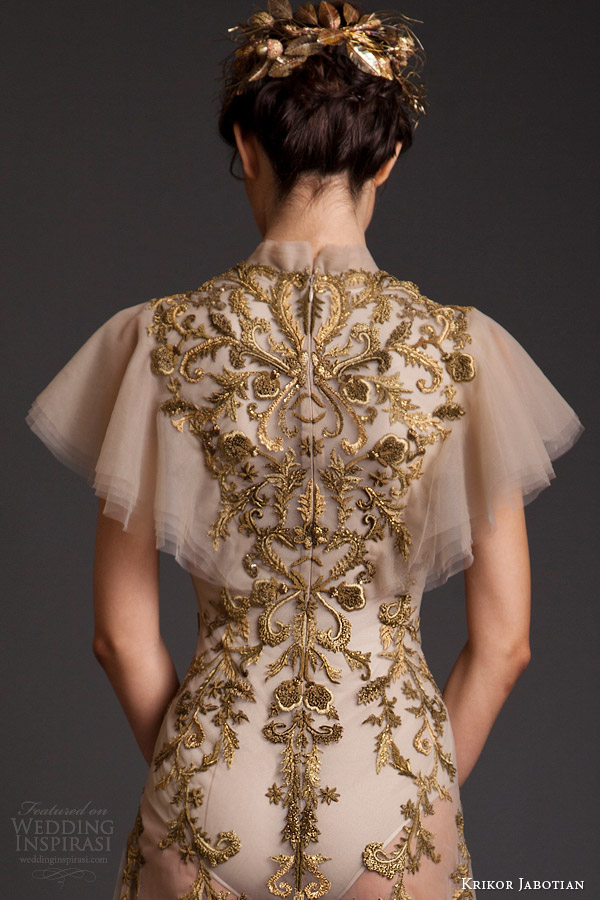 krikor jabotian couture spring 2014 high neck dress with flutter sleeves back view embroidery close up