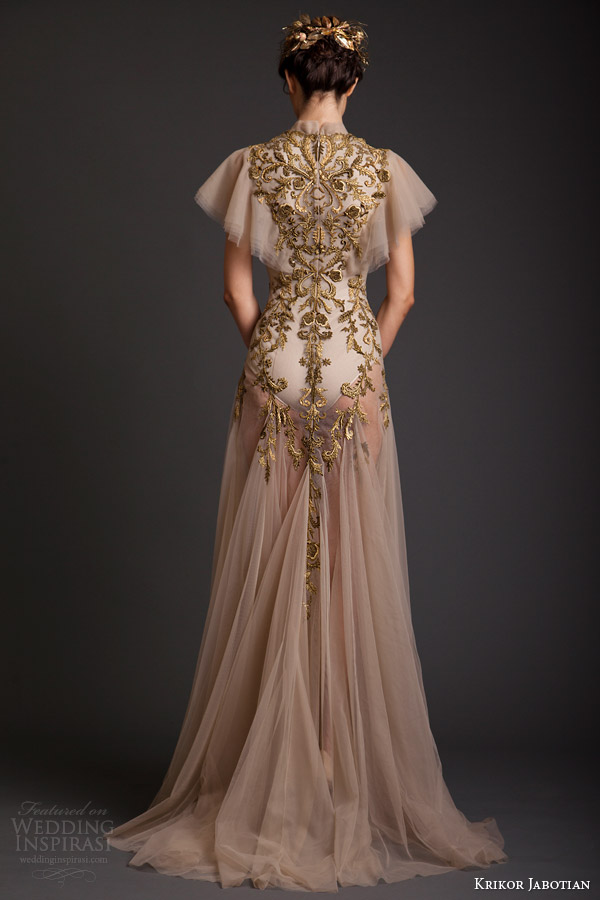 krikor jabotian couture spring 2014 high neck dress with flutter sleeves back view