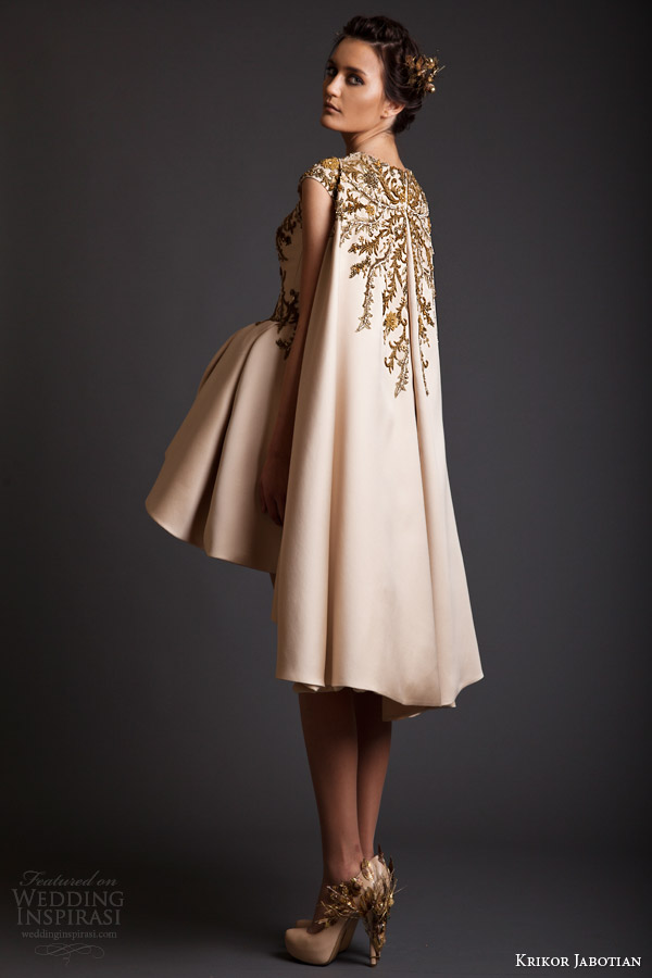 krikor jabotian spring 2014 couture cap sleeve gold asymmetric hem dress with cape back embroidery