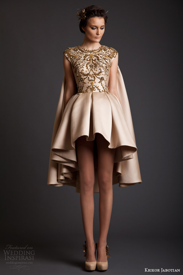 krikor jabotian spring 2014 couture cap sleeve gold asymmetric hem dress with cape