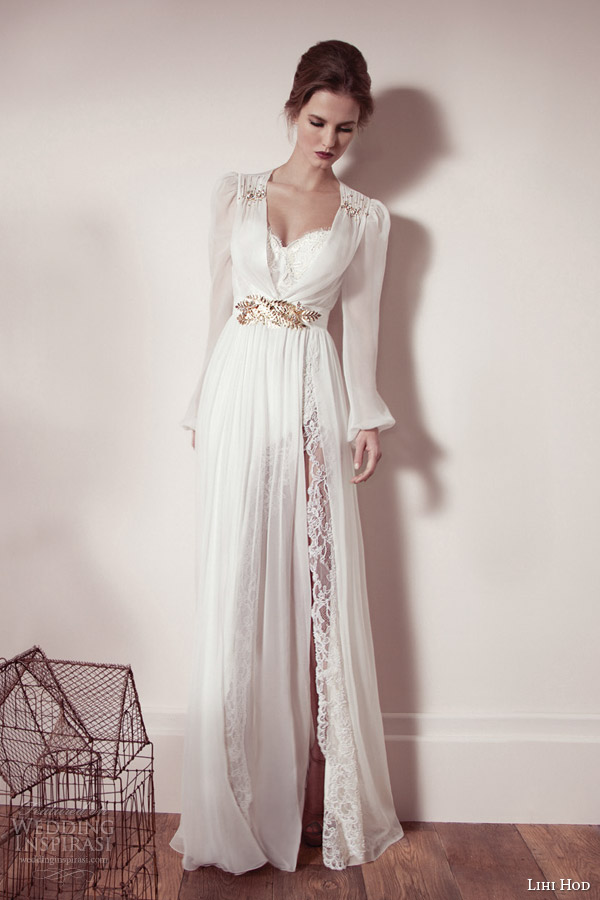 lihi hod spring 2013 bridal long bishop sleeve wedding dress gold accents