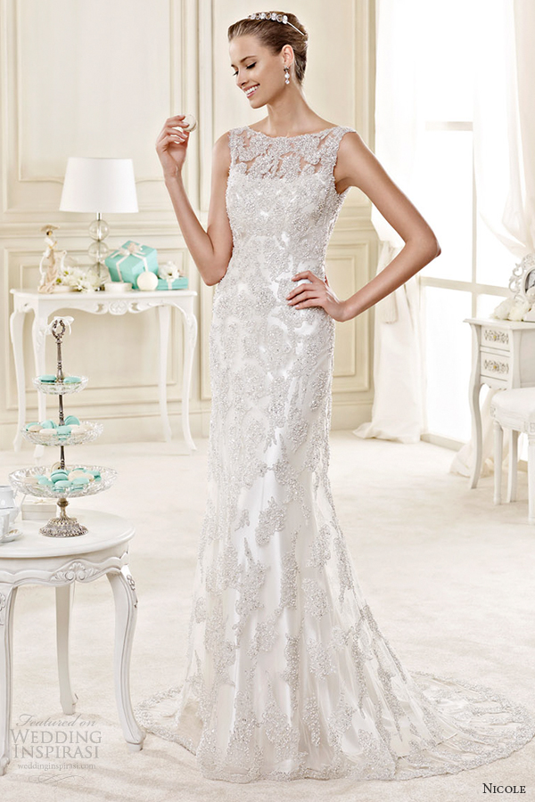 nicole spose bridal 2015 style 19 niab15001di sheath sheer neckline wedding dress