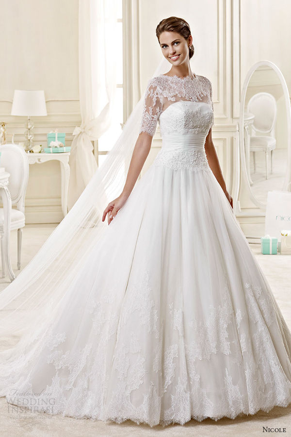 nicole spose bridal 2015 style 33 niab15023iv illusion neckline sleeves a line wedding dress