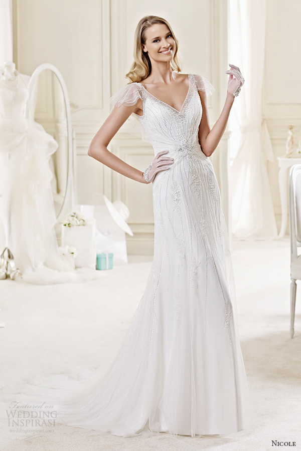 nicole spose bridal 2015 style 34 niab15005iv v neck cap sleeves sheath wedding dress