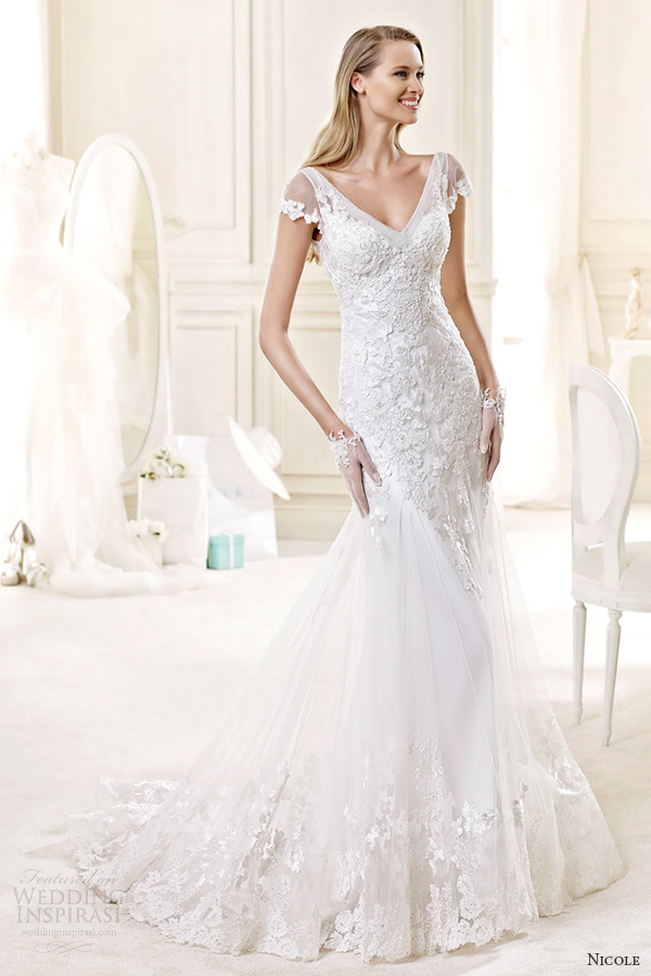 nicole spose bridal 2015 style 43 niab15012iv v neck cap sleeves trumpet wedding dress